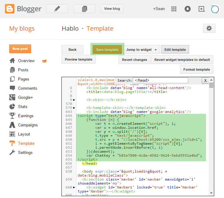 Blogger add chat script to head