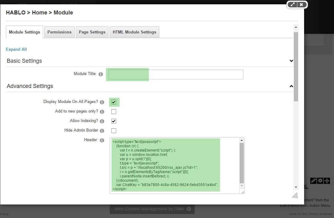 Adding chat tracking script to DNN Module settings