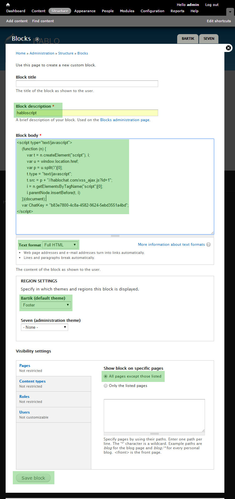 adding tracking script to drupal block