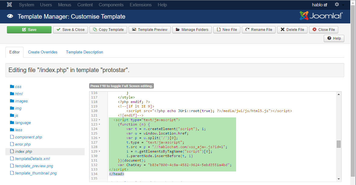 Joomla add chat tracking script to template